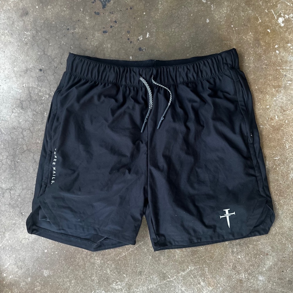 Three Nails Athletic Shorts Mens L Black Excellent Gym Running Zipper Pockets